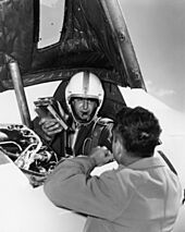 Scott Crossfield in cockpit of the Douglas D-558-2 after first Mach 2 flight (E53-1090)
