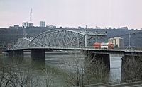Smithfield Street Bridge from the northeast in 1984 with trolley car