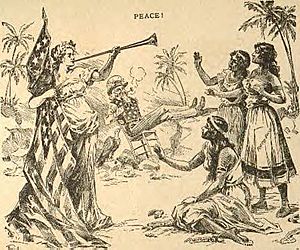 Uncle Sam and the Goddess of Liberty bring freedom to Cuba, Puerto Rico, and the Philippines (1898 newspaper cartoon)