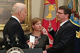 Vice President Joe Biden swears in Ash Carter as the 25th defense secretary as Carter's wife, Stephanie, looks on during a private ceremony at the White House ID17009