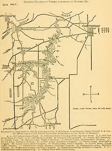 "Map No. 1" "Showing Position of Forces in morning of October 22d" from- The Battle of Westport, (IA battleofwestport00jenk) (page 67 crop)