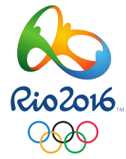 A green, gold and blue coloured design, featuring three people joining hands in a circular formation, sits above the words "Rio 2016", written in a stylistic font. The Olympic rings are placed underneath.