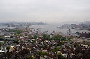 Charlestown Navy Yard and Logan Airport from Bunker Hill Monument (7201189510)