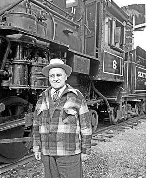Dana Currier with Old Number Six locomotive, 1954