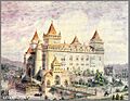 A fortress with four towers, surrounded with a moat 