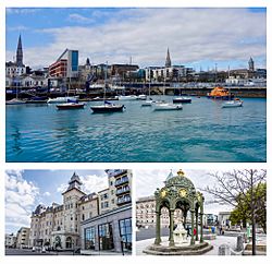 Clockwise from top: Dun Laoghaire harbour; the Queen Victoria Memorial Fountain; Royal Marine Hotel