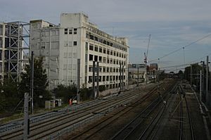 Great Western Railway and part of the former HMV & EMI factory at Harlington, 2014