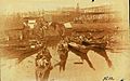 Indian dugout canoes in the harbor at the foot of Washington St, Seattle, Washington, ca 1891 (BOYD+BRAAS 37) (darkened, contrast increased)