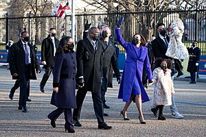 Kamala Harris and her family walk to the White House on Pennsylvania Avenue on January 20, 2021