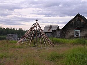 Kellog Village houses and teepee frame