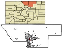 Location of Johnstown in Larimer County and Weld County, Colorado.