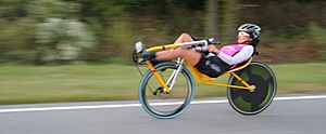 Maria Parker setting the 24-hour world record on the Cruzbike Vendetta recumbent bicycle