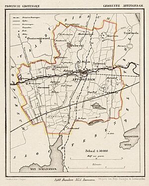 Netherlands, Appingedam (Jukwerd, Marsum, Opwierda, Solwerd, Tjamsweer), map, around 1865-1870