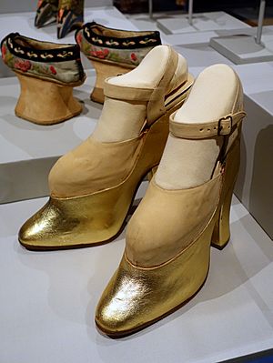 Platform shoes worn by Mae West, 1950s AD, wood, metallic leather - Textile Museum, George Washington University - DSC09965