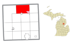 Location within Ogemaw County (red) and an administered portion of the Lupton CDP (pink)