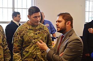Ruben Gallego speaking to an Army officer