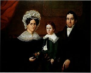 Susanna Paine, Eliza and Sheldon Battey and their son Thomas Sheldon Battey, Providence, Rhode Island, oil on wood, 1830, private collection