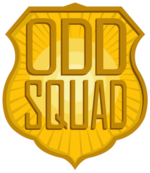 A yellow badge shape with a starburst coming from its center, emblazoned with the words "Odd Squad"
