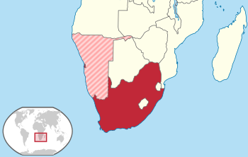 Location of the Union of South Africa. South-West Africa shown as disputed area (administered as 5th province of the Union).