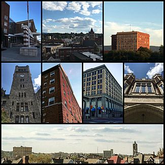 From top left: Uniontown Area High School, Morgantown Street, Fayette Building, Fayette County Courthouse, White Swan Apartments, First Niagara Building, Central School, skyline of Uniontown.