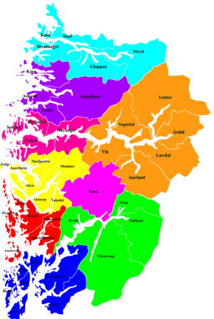 Districts of Vestland:     Nordfjord     Sunnfjord     Inner Sogn     Outer Sogn     Nordhordland     Midthordland     Sunnhordland     Hardanger     Voss