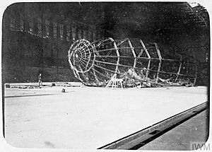 Wreckage of two Zeppelins in their hangars at Tondern