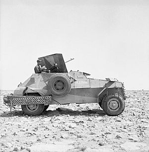 A Marmon-Herrington Mk II armoured car armed with an Italian Breda 20mm gun, near Tobruk, Libya, 8 May 1941. E2872