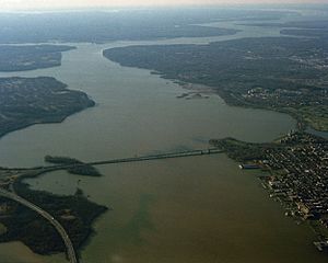 Aerial view of Potomac River and Woodrow Wilson Memorial Bridge from north, 1991