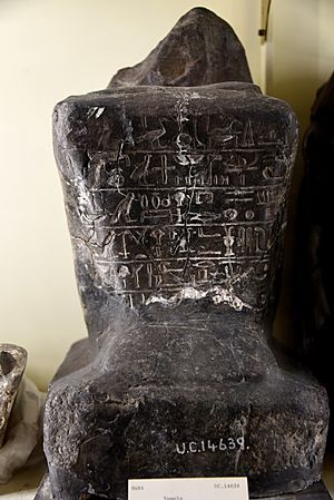Black granite, seated statue of Sennefer with cartouche of Amenhotep (Amenophis) II on right arm. From the temple of Seth at Naqqada, Egypt. The Petrie Museum of Egyptian Archaeology, London
