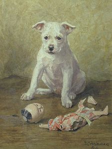 Bull terrier puppy with broken Chinese doll by Frances C. Fairman