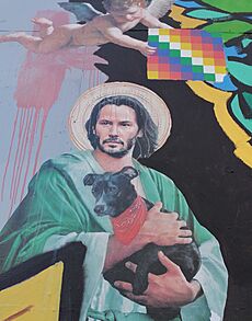 Keanu Reeves representado en un mural en el exterior del GAM de Santiago de Chile