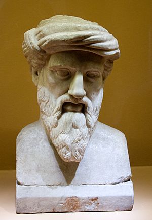 Marble bust of a man with a long, pointed beard, wearing a tainia, a kind of ancient Greek headcovering in this case resembling a turban. The face is somewhat gaunt and has prominent, but thin, eyebrows, which seem halfway fixed into a scowl. The ends of his mustache are long a trail halfway down the length of his beard to about where the bottom of his chin would be if we could see it. None of the hair on his head is visible, since it is completely covered by the tainia.
