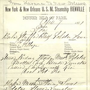 Steamship Bienville on-board restaurant menu (April 7, 1861)