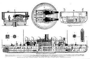 Transverse and longitudinal sections of the turret ship Cerberus - Illustrated Australian News (1871)