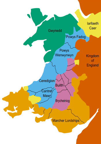 Wales (1267–1277):      Gwynedd, Llywelyn ap Gruffudd's principality      Territories conquered by Llywelyn ap Gruffudd      Territories of Llywelyn's vassals      Lordships of the Marcher barons      Lordships of the King of England      Kingdom of England