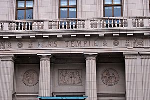 Above the Sentinel Hotel entrance, detail with Elks Temple signage (2015)