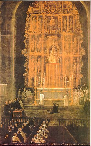 Espectaculo de india exorcizada durante la Misa Mayor en el Altar de la Virgen de Guapulo 1646 en presencia de la Audiencia, el Presidente Martín de Arriola, el Obispo Agustín Duarte y el Cabildo, por Miguel de Santiago