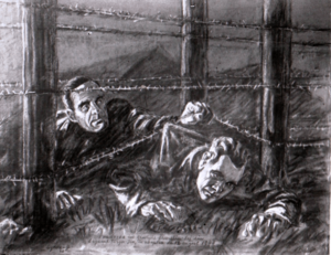 Fotografie după un desen în cărbune reprezentând evadarea lui Gheorghe Gheorghiu-Dej din lagărul de la Târgu Jiu în 9–10 august 1944 (1944, august 10). Romanian Communism Online Photo Collection -DA037