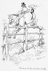 Illust by Hugh Thomson for Riding Recollections by George John Whyte-Melville-Breaking the top rail with a hind hoof