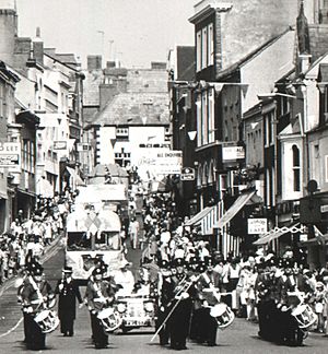 Monnow street in 1976 during the Monmouth Carnival