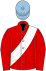 Red, white sash, light blue cap