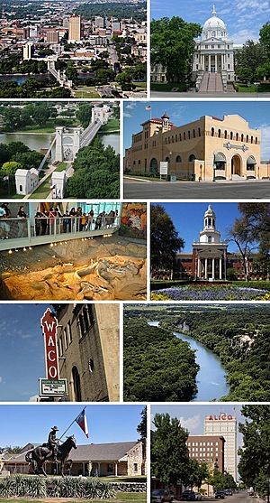 From left to right, top to bottom: Downtown, McLennan County Courthouse, Waco Suspension Bridge, Dr. Pepper Museum, Waco Mammoth National Monument, Baylor University, Waco Hippodrome, Cameron Park, Texas Ranger Hall of Fame and Museum, and Austin Avenue in Downtown