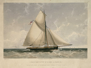 A Man of War Cutter of 10 Guns, as Bramble, &c. Sailing by the wind, on the Larboard tack - Ensign and Pendant flying RMG PU6129f