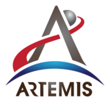 An arrowhead combined with a depiction of a trans-lunar injection trajectory forms an "A", with an "Artemis" wordmark printed underneath