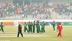 Bangladesh Players Celebrate Fall of Wicket