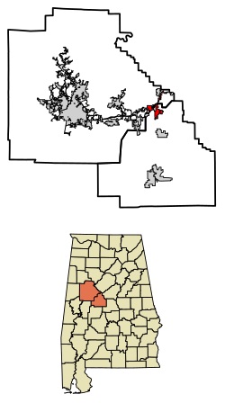 Location of Woodstock in Bibb County and Tuscaloosa County, Alabama.