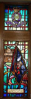 Col E G Brooks DSO OBE CD 1918-1964 staff adjutant 1948-1950 stainglass Currie Hall.JPG