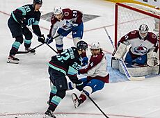 Colorado Avalanche at Seattle Kraken - 2023-04-24 - Round 1 Game 4 - Eeli Tolvanen, Oliver Bjorkstrand, Nathan MacKinnon, Bowen Byram and Alexandar Georgiev (52846688174)