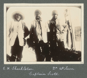 E H Shackleton, Captain Scott, and Dr Wilson on their return from the attempt to reach the South Pole, National Antarctic Expedition. RMG F6220f