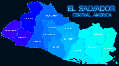 Map of the departments of El Salvador with names.